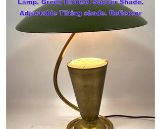 Lot 1248 Mid Century Modern Brass Table Lamp. Green Enamel Saucer Shade. Adjustable Tilting shade. Reflector 