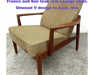 Lot 877 Tove and Edvard KindtLarsen for France and Son teak arm Lounge chair. Unusual V design to back. Mar