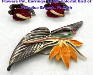 Lot 939 MING s Sterling Silver Carved Flowers Pin, Earrings. Large Colorful Bird of Paradise Brooch. Pr Anth