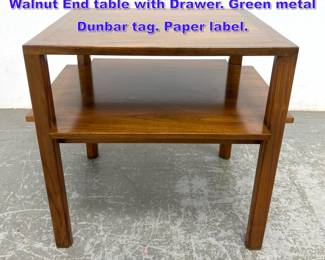 Lot 1319 Edward Wormley Dunbar Two Tier Walnut End table with Drawer. Green metal Dunbar tag. Paper label. 
