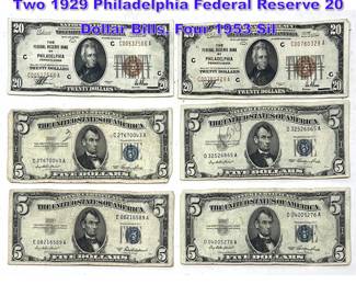 Lot 1371 6pcs Vintage American Currency. Two 1929 Philadelphia Federal Reserve 20 Dollar Bills, Four 1953 Sil