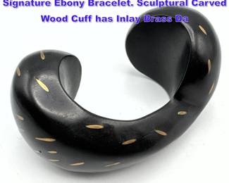 Lot 924 PATRICIA Von MUSULIN Artist Signature Ebony Bracelet. Sculptural Carved Wood Cuff has Inlay Brass Da