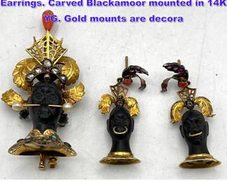 Lot 1136 3pc 14K Gold Blackamoor Brooch Earrings. Carved Blackamoor mounted in 14K YG. Gold mounts are decora