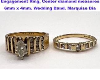 Lot 1115 2pcs 14K Gold Diamond Engagement Ring, Center diamond measures 6mm x 4mm. Wedding Band. Marquise Dia