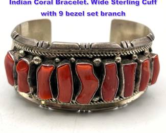 Lot 953 CJ Sterling Silver Native American Indian Coral Bracelet. Wide Sterling Cuff with 9 bezel set branch