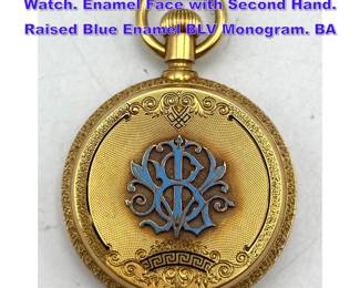 Lot 1145 18K Gold Closed Case Pocket Watch. Enamel Face with Second Hand. Raised Blue Enamel BLV Monogram. BA