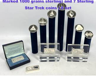 Lot 1365 4 Sterling ingots 2 OZT each, Marked 1000 grains sterling and 7 Sterling Star Trek coins .8 ozt 