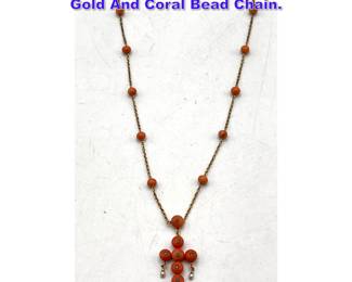 Lot 1132 Small Coral Cross Pendant, 14K Gold And Coral Bead Chain. 
