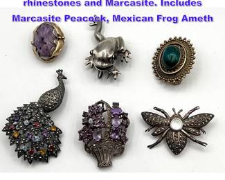 Lot 1352 6pcs sterling silver pins, rhinestones and Marcasite. Includes Marcasite Peacock, Mexican Frog Ameth