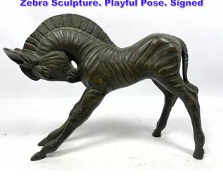 Lot 711 R HUSSET Signed Bronze Figural Zebra Sculpture. Playful Pose. Signed