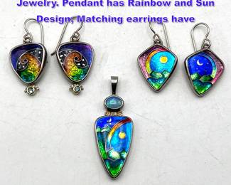 Lot 964 3pc RICKY FRANK Sterling Enamel Jewelry. Pendant has Rainbow and Sun Design Matching earrings have 