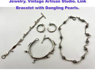 Lot 941 4pc LISA JENKS Sterling Silver Jewelry. Vintage Artisan Studio. Link Bracelet with Dangling Pearls. 
