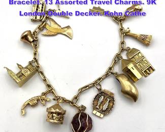 Lot 1121 Vintage Gold Charm 14K Gold Bracelet. 13 Assorted Travel Charms. 9K London Double Decker. Kohn Cathe