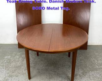 Lot 873 Henning Kjaernulf for Soro Round Teak Dining Table. Danish Modern Teak. SORO Metal Tag. 