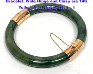 Lot 1155 14K Gold Clasp Green Jade Hinged Bracelet. Wide Hinge and Clasp are 14K Yellow Gold. Safety Chain. I