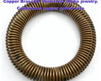 Lot 821 HARRY BERTOIA Spiral Coiled Copper Bracelet. Modernist studio jewelry. Continuous copper coiled wire