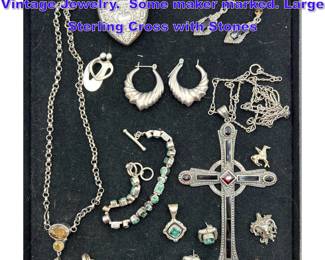 Lot 1347 Collection All Sterling Silver Vintage Jewelry. Some maker marked. Large Sterling Cross with Stones
