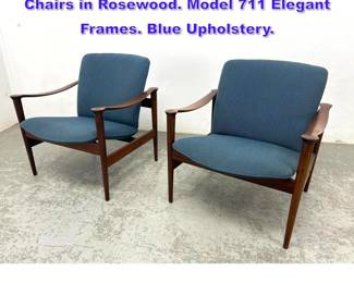 Lot 989 Pair Fredrik Kayser Easy Lounge Chairs in Rosewood. Model 711 Elegant Frames. Blue Upholstery. 