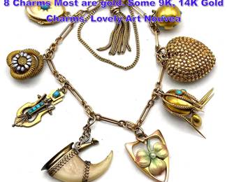 Lot 1125 Vintage Gold Charm Bracelet with 8 Charms Most are gold. Some 9K, 14K Gold Charms. Lovely Art Nouvea