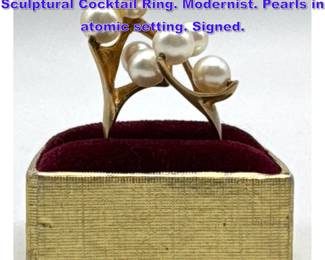Lot 852 James Arnold Frew 14k Gold Sculptural Cocktail Ring. Modernist. Pearls in atomic setting. Signed. 