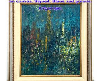 Lot 1100 DAVID WINSTON Abstract painting on canvas. Signed. Blues and greens. Cityscape.