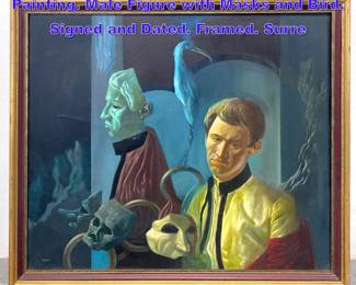 Lot 1295 JAMES YAX 1968 Surrealist Painting. Male Figure with Masks and Bird. Signed and Dated. Framed. Surre