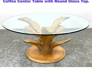 Lot 1012 Decorator Carved wood Palm Leaf Coffee Center Table with Round Glass Top. 