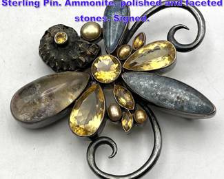 Lot 968 Large The DREAMER Multi Stone Sterling Pin. Ammonite. polished and faceted stones. Signed. 