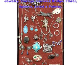 Lot 1351 Collection All Sterling Silver Jewelry. Vintage. Covered Bridge, Floral, Spiders, Artist s Palette, 