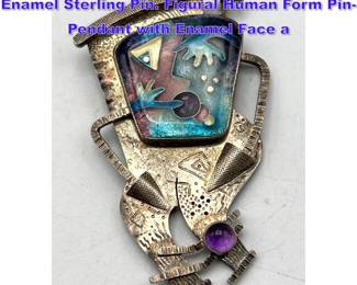 Lot 846 C R DUNETZ 1989 Artist Studio Enamel Sterling Pin. Figural Human Form PinPendant with Enamel Face a