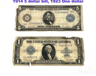 Lot 1370 2pcs Vintage American Currency 1914 5 dollar bill, 1923 One dollar 