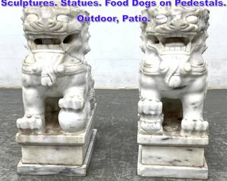 Lot 1062 2pc Carved Marble Foo Dog Garden Sculptures. Statues. Food Dogs on Pedestals. Outdoor, Patio. 