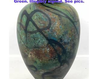 Lot 1204 Signed Art Glass vase. Swirly Green. Illegibly signed. See pics.