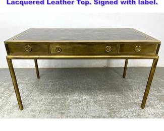 Lot 894 Mastercraft Brass 3 Drawer Desk, Lacquered Leather Top. Signed with label.