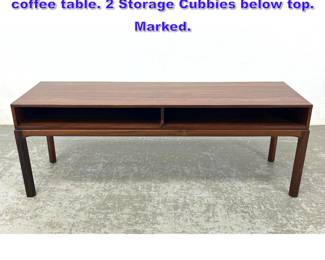 Lot 907 Kai Christiansen rosewood MCM coffee table. 2 Storage Cubbies below top. Marked.