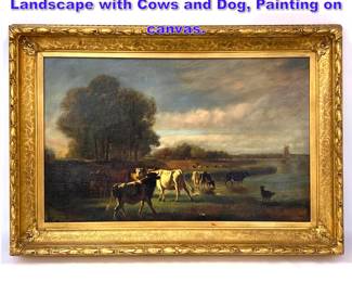 Lot 1300 Constant Troyon, Holland Cattle. Landscape with Cows and Dog, Painting on canvas. 