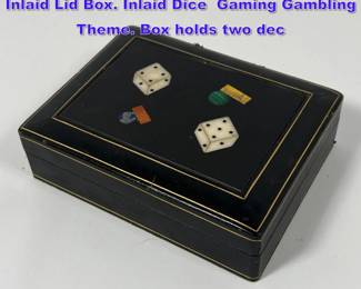 Lot 1174 Pietra Dura Colorful Hardstone Inlaid Lid Box. Inlaid Dice Gaming Gambling Theme. Box holds two dec