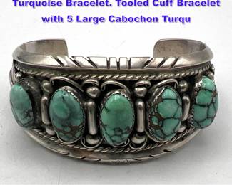 Lot 957 Sterling Native American Indian Turquoise Bracelet. Tooled Cuff Bracelet with 5 Large Cabochon Turqu