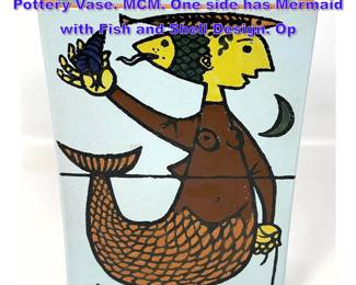 Lot 1261 STIG LINDBERG for GUSTAVSBERG Pottery Vase. MCM. One side has Mermaid with Fish and Shell Design. Op
