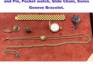 Lot 1354 7pcs Antique Jewelry. Garnet Ring and Pin, Pocket watch, Slide Chain, Swiss Geneve Bracelet.