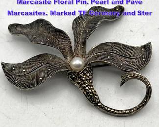 Lot 937 THEODOR FAHRNER Sterling Marcasite Floral Pin. Pearl and Pave Marcasites. Marked TF Germany and Ster