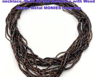 Lot 929 Gerda Lyngaard Monies beaded necklace. Multi Strand Necklace with Wood Clasp. Metal MONIES hang tag