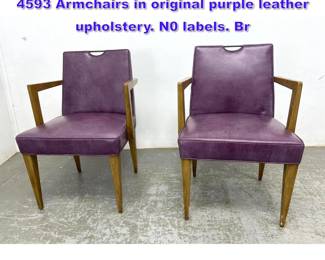 Lot 1340 Pair Edward Wormley Dunbar Model 4593 Armchairs in original purple leather upholstery. N0 labels. Br