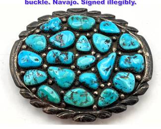 Lot 967 Sterling Silver Turquoise belt buckle. Navajo. Signed illegibly.