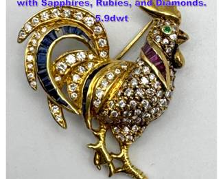 Lot 1113 14K Gold Rooster Pin Brooch set with Sapphires, Rubies, and Diamonds. 5.9dwt