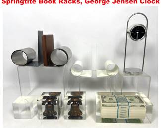 Lot 2138 9pc lot Items encased in Lucite, Springtite Book Racks, George Jensen Clock
