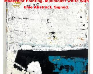 Lot 1814 DENNIS SAKELSON Acrylic Modernist Painting. Minimalist white with blue Abstract. Signed.