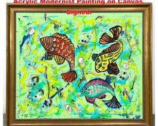 Lot 1823 DENNIS SAKELSON Green Fish Acrylic Modernist Painting on Canvas. Signed.