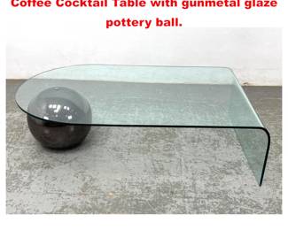 Lot 1963 Large Decorator Slump Glass Coffee Cocktail Table with gunmetal glaze pottery ball.