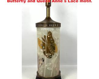 Lot 2085 Painted Glass Column Table Lamp. Butterfly and Queen Anne s Lace motif.